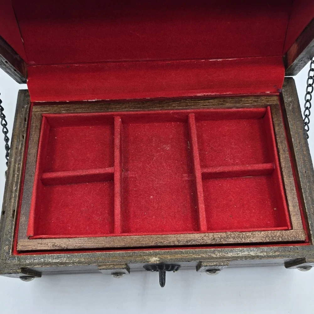 Wooden Pirate Style Jewelry Box Velvet Lined Removable Tray Vtg